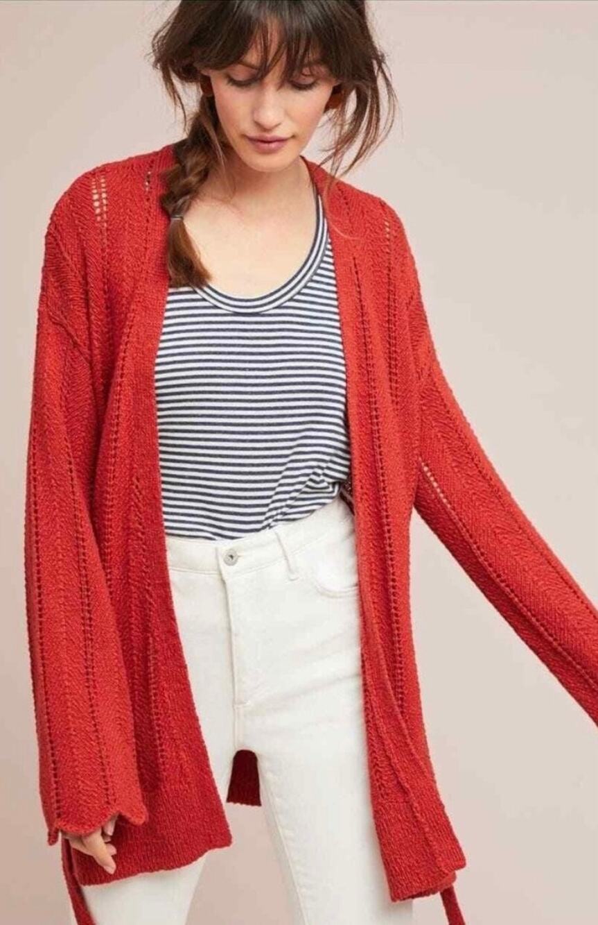 Anthropologie Meadow Rue Priscilla Pointelle Knit Cardigan Sweater Medium Orange